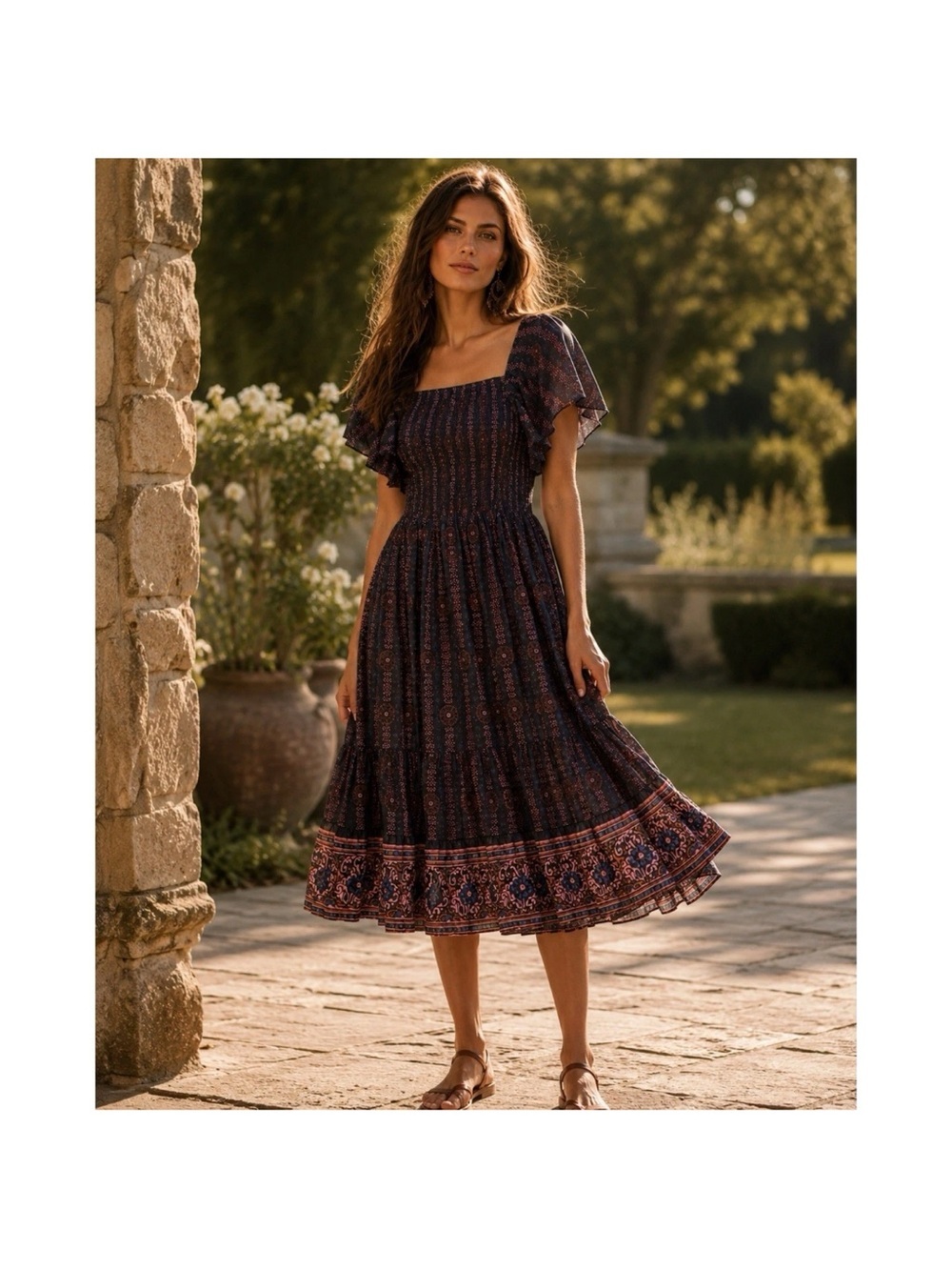 Figue Estelle Striped Midi Dress Soliel Floral Midnight Black Flutter Sleeve S